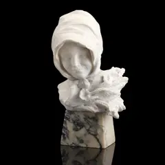 Guglielmo Pugi, A white marble portrait bust of a young girl wearing a scarf, signed 'Pugi', mounted on a variegated tapered marble plinth, 24cm wide, 26cm deep, 43cm high.