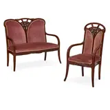 Clématites Settee and Armchair by Louis Majorelle, walnut, velvet upholstery, sold Mar 2022