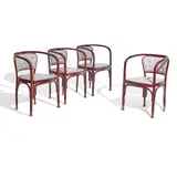 Gustav Siegel, Group of Four Dining Chairs, model 715F, stained bentwood, brass, button-tufted simulated leather