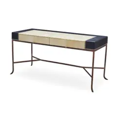 Modern Neoclassical Style, Desk, black leather with Greek key border, parchment, patinated steel