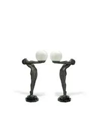 Max Le Verrier, Pair of Table Lamps, spelter, Belgian marble, craquelure glass, molded mark 'Verrier' and stamped 'Verrier Paris'