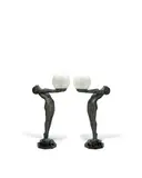 Max Le Verrier, Pair of Table Lamps, spelter, Belgian marble, craquelure glass, molded mark 'Verrier' and stamped 'Verrier Paris'