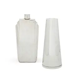 Napier Co., Art Deco Flask with Drinking Cap and Cone Cocktail Shaker, sterling silver and silverplate respectively, flask stamped 'Napier Sterling' and cocktail shaker stamped 'NAPIER SILVER PLATE PAT PEND'