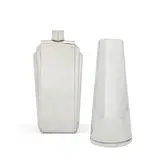 Napier Co., Art Deco Flask with Drinking Cap and Cone Cocktail Shaker, sterling silver and silverplate respectively, flask stamped 'Napier Sterling' and cocktail shaker stamped 'NAPIER SILVER PLATE PAT PEND'