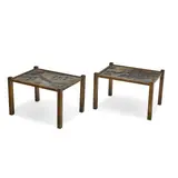 Pair of Tao Side Tables by Philip and Kelvin Laverne, acid-etched, enameled and patinated bronze, brass, each signed 'PK LaVerne', sold Mar 2022