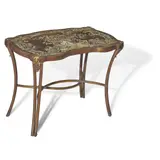 Pompadour Side Table by Philip and Kelvin Laverne, acid-etched and enameled bronze over wood, brass, acid-etched facsimile signature 'Philip Kel LaVerne', sold Mar 2022