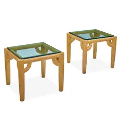 Michael Taylor, Pair of Custom "Tree Trunk" Side Tables, carved pine and glass