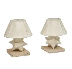 Michael Taylor, Pair of Custom "Star" Lamps, travertine, enameled metal, parchment and leather stitched shade