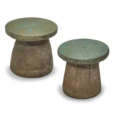 Two Garden Stools by Stan Bitters, glazed stoneware with pinwheel design, sold Mar 2022