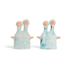 Companion Pair of Two-Headed Double-Sided Sun Person Sculptures by Stan Bitters, painted earthenware, unsigned, sold Mar 2022