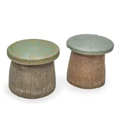 Two Garden Stools by Stan Bitters, glazed stoneware with floral design, sold Mar 2022