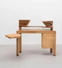 John Makepeace, Unique 'fireside' desk, 1980, Paldao-veneered wood, suede-covered wood, stainless steel, melamine