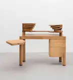 John Makepeace, Unique 'fireside' desk, 1980, Paldao-veneered wood, suede-covered wood, stainless steel, melamine