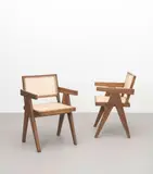 Pair of 'office cane' armchairs, model no. PJ-SI-28-B, designed for the administrative buildings, Chandigarh by Pierre Jeanneret, 1955-1956, Teak, cane, offered Oct 2022