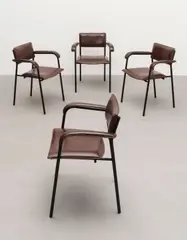 Jacques Quinet, Set of four armchairs, circa 1960, Leather upholstery, painted steel