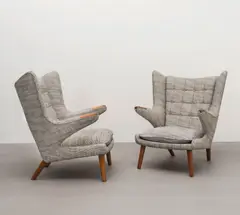 Hans J. Wegner, Pair of 'Papa Bear' armchairs, model no. AP19, designed 1951, Teak, fabric upholstery