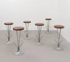 Piet Hein, Set of six bar stools, model no. FL 9511, 1979, Chromium-plated metal, leather upholstery