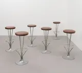 Piet Hein, Set of six bar stools, model no. FL 9511, 1979, Chromium-plated metal, leather upholstery