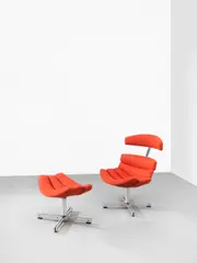 William Plunkett, 'Epsom' lounge chair and ottoman, circa 1966, Chromium-plated metal, fabric upholstery