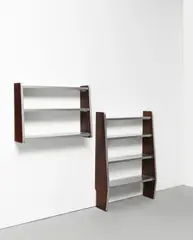 'BA' shelving unit by Ernest Race, circa 1945, Mahogany-laminated Haloplast, aluminium, sold Apr 2022