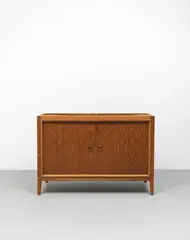 Sideboard, model no. R407, designed 1950 by David Booth and Judith Ledeboer, Mahogany-veneered wood, mahogany, Indian rosewood-veneered wood, sapele-veneered wood, brass, sold Apr 2022