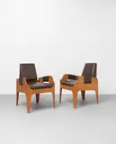 John Wright, Untitled, Walnut-veneered plywood, leather upholstery