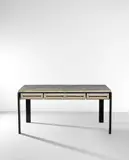 Rare desk, from the offices of Compagnie Parisienne de Distribution d'Électricité S.A., Paris by Jean Prouvé, 1934, Painted steel, chromium-plated metal, linoleum, sold Apr 2022