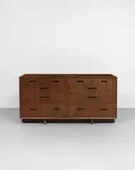 Sideboard by Frank Lloyd Wright, circa 1955, Mahogany, mahogany-veneered wood, sold Apr 2022
