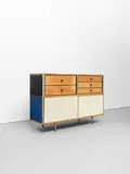 'ESU', model no. 200-C by Charles and Ray Eames, circa 1950, Birch, birch plywood, painted masonite, laminated-plywood, chromium-plated steel, painted metal, steel, rubber, sold Apr 2022