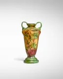 Vase aux Byrones by Cristallerie Daum, enameled and acid-etched souffle glass with applied handles and red berries, cameo mark 'DAUM NANCY' with the Croix de L, sold Dec 2021