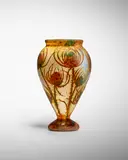Teasel Vase by Cristallerie Daum, enameled and acid-etched glass, cameo mark 'DAUM NANCY' with the Croix de Lorraine, sold Dec 2021