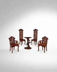 Stile Liberty, Italian Salon Suite, carved walnut, comprising a pair of armchairs, pair of side chairs and occasional table