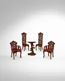 Stile Liberty, Italian Salon Suite, carved walnut, comprising a pair of armchairs, pair of side chairs and occasional table