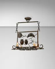 Michel Zadounaisky, Hiboux au Clair de Lune Ceiling Lamp, wrought-iron with martele surface, stamped 'ZADOUNAISKY'
