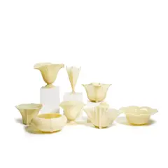 Frederick Carder, Group of Eight Table Objects, for Steuben, ivory glass, comprising five bowls and three vases