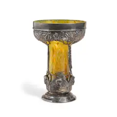 Loetz, Vase, pewter mounted iridescent glass, engraved '1850 87/8 1910' along pewter rim, raised mark '4877' to pewter with three hallmarks on underside