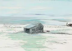 Sabine Moritz, "Hütte 25", 2017, Öl über Lithografie auf Malkarton