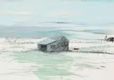 Sabine Moritz, "Hütte 25", 2017, Öl über Lithografie auf Malkarton