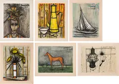Bernard Buffet, Douze Aquarelles par Bernard Buffet 1949-1960, 1960, Mappenwerk mit 12 Farblithografien auf Arches (Wasserzeichen) und Textseiten in originaler Leinenmappe