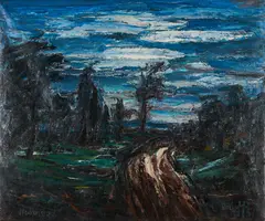 "Landscape" (Sweden) by Clifford Holmead Phillips, 1951, Öl auf Leinwand, sold Aug 2022