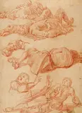 Adam Frans van der Meulen, Studie mit liegenden Figuren, Rötel auf beigem Papier
