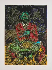 Baselitzfrühstück by Jörg Immendorff, 1992, Farblinolschnitt auf leichtem Karton, sold Sep 2021