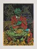Jörg Immendorff, Baselitzfrühstück, 1992, Farblinolschnitt auf leichtem Karton