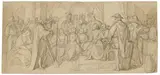 Carl Gottlieb Peschel, David spielt auf der Harfe vor Saul, Bleistift und Aquarell, weiß gehöht auf Papier