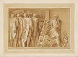 Italian School, Brutus plant die Ermordung Julius Caesars, Feder und braune Tinte, Aquarell, weiß gehöht auf Papier