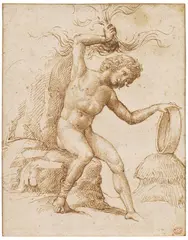 Marcantonio Raimondi, Vulcanus (?), Feder und braune Tinte auf Papier