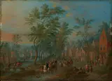 Peeter van Bredael, Dorflandschaft mit Personen und Pferdefuhrwerken, Öl auf Holz