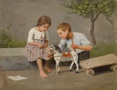 Giulio del Torre, Kinder mit Spielpferd, Öl auf Holz