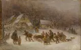 Anton Burger, Winterliche Heimkehr von der Jagd, Öl auf Holz