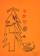 Jonathan Meese, "Aktstudie Dr. Nikolaus", 2005, Faserstift auf orangefarbenem Papier